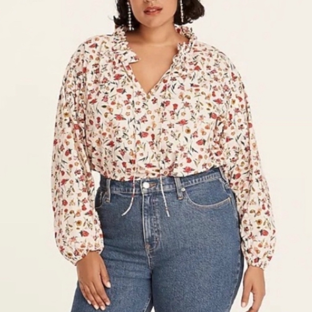 J.crew Medium Scalloped Tie-neck Long‎ Sleeve Top Floral Wildflowers Red Ivory